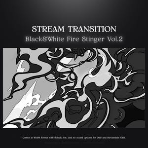 Puede incluir: Diseño abstracto de fuego en blanco y negro con el texto "STREAM TRANSITION Black&White Fire Stinger Vol.2" en la parte superior.
