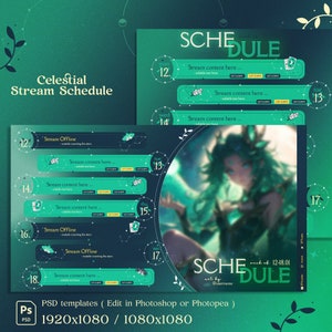 May include: A green and blue digital stream schedule template with a celestial theme. The template features a starry night sky background with a stylized image of a woman with green hair and a butterfly. The template includes a schedule for each day of the week, with space for stream content and times.