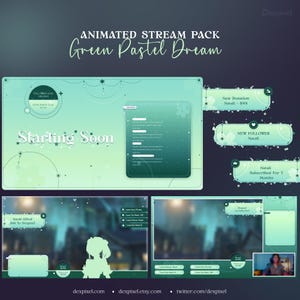 Pacchetto streaming animato Green Pastel Dream / Sovrapposizioni di chat con fiori celesti / Pacchetto streaming animato Twitch / Estetica pastello Vtuber