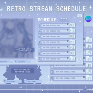 Blue Pastel Retro Stream Schedule | Vtuber Schedule | Simple Weekly Schedule For Streamers | Cute Color Tones | Canva Template  PSD included