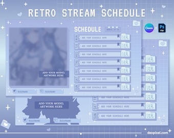 Planificador semanal de transmisiones retro azules / Vtuber (Canva, PSD)
