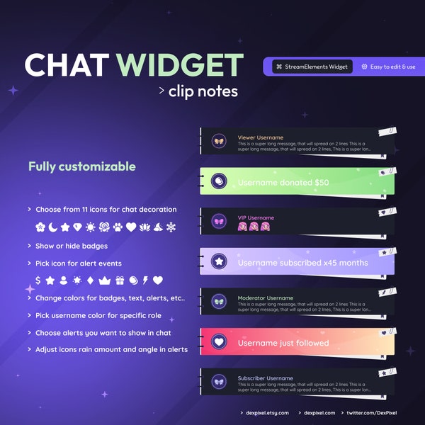Clip Notes Stream Chat Stream Widget with Alerts | Customizable Chat for Vtubers Twitch Streamers | StreamElements Chat Widget with Events