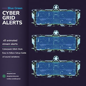 Blue Green Cyber Grid Animated Twitch Alerts – Neon Glitch Sci Fi Stream Event Notifications