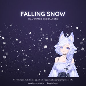 May include: Animated falling snow effect with five animated snowflakes. The image features a white wolf character with blue eyes and a white and blue outfit. The text "FALLING SNOW" and "X5 ANIMATED DECORATIONS" is displayed at the top of the image. The text "Model is not included in the download, please read description for more info" is displayed at the bottom of the image.