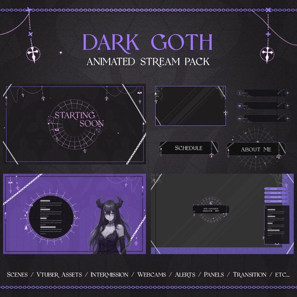 Purple Dark Goth Animated Stream Pack | Chatten und Spiel Animierte Overlays | Animierte Benachrichtigungen | Gothic Vtuber Ästhetik | Halloween Overlay