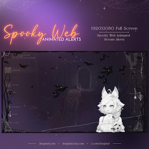 Op de afbeelding: Spooky Web Animated Stream Alerts overlay voor Twitch of YouTube. De overlay heeft een donkerpaarse achtergrond met vliegende vleermuizen en een wit wolf-personage met een spin op zijn hoofd. De tekst "Spooky Web Animated Stream Alerts" wordt bovenaan de overlay weergegeven.