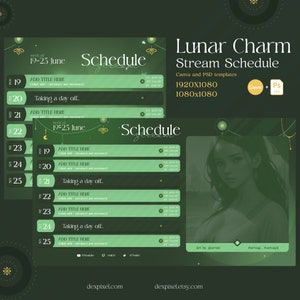Green Nature Lunar Charm Stream Schedule | Cute Pastel Vtuber Schedule | Simple Weekly Schedule For Streamers | Canva and PSD included