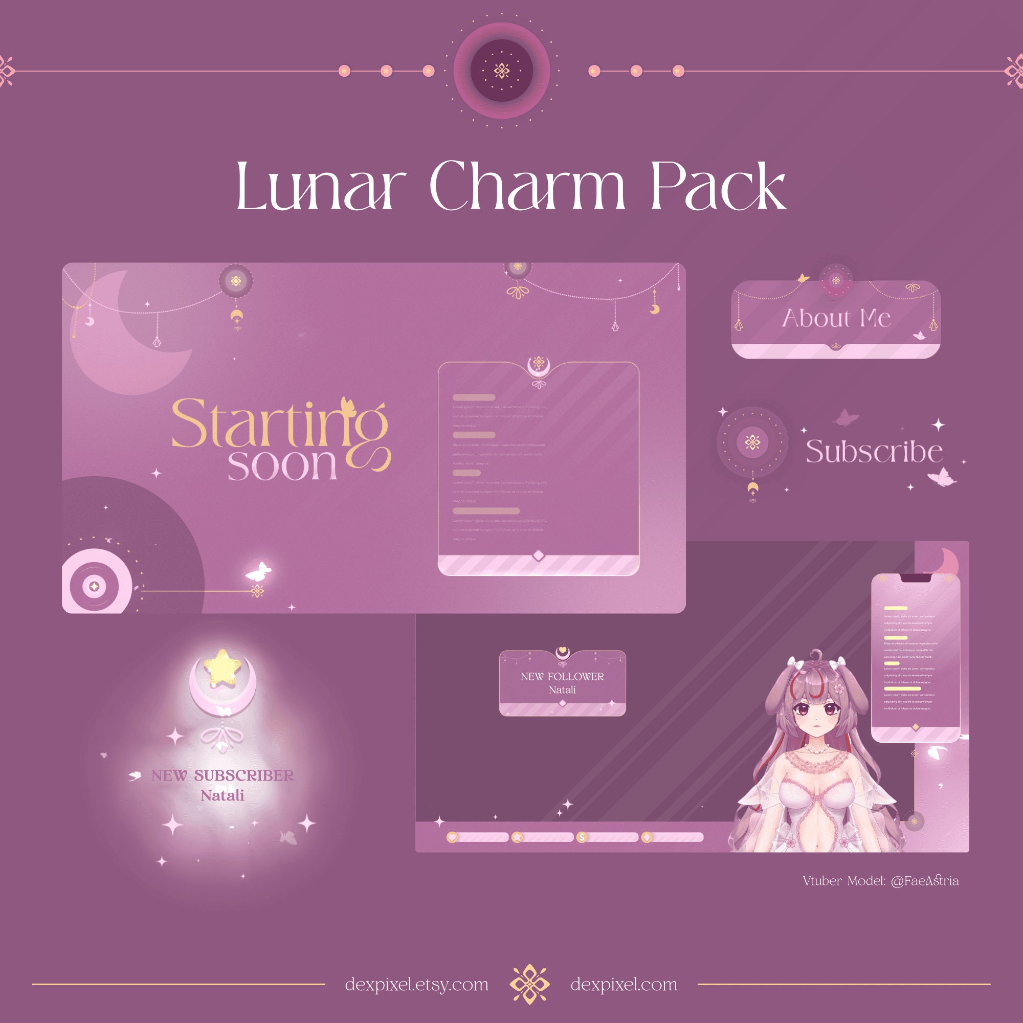 Lunar Charm Pastel Pink Animated Vtuber Stream Pack | Chatting and Game Animated Overlays | Animated Stream Alerts | Vtuber Aesthetics