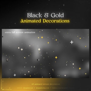 Puede incluir: Decoraciones animadas de transmisión en negro y dorado con un fondo oscuro y un degradado de gris a blanco. El texto "Black & Gold Animated Decorations" está en la parte superior de la imagen. El texto "extra full screen animation" está en la parte superior izquierda de la imagen. El texto "x5 animated stream decorations" está en la parte inferior de la imagen. El texto "dexpixel.com dexpixel.etsy.com twitter.com/dexpixel" está en la parte inferior central de la imagen.