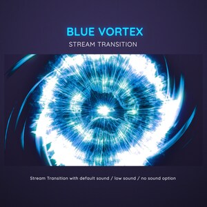 Puede incluir: Un efecto de vórtice azul y blanco con un centro blanco brillante. El texto "BLUE VORTEX" y "STREAM TRANSITION" está por encima de la imagen. El texto "Stream Transition with default sound / low sound / no sound option" está debajo de la imagen.