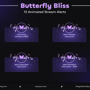Butterfly Bliss Purple Magic Alerts | Butterflies Twitch Alerts | Cute Pastel Animated Stream Notifications | Vtuber Stream Alerts