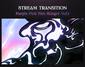 May include: A digital graphic for a stream transition, featuring a dynamic design with swirling purple and white shapes against a dark background. The text reads "STREAM TRANSITION" and "Purple Pink Fire Stinger Vol.1". The graphic is designed for OBS and Streamlabs OBS.