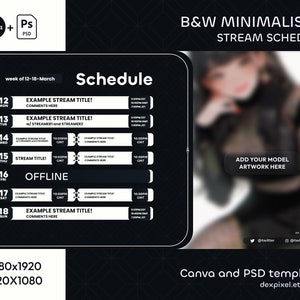 Könnte beinhalten: Schwarz-weißes minimalistisches Stream-Zeitplan-Template mit einem verschwommenen Bild einer Person im Hintergrund. Der Zeitplan enthält Wochentage, Uhrzeiten und Titel für jeden Stream. Der Text "Fügen Sie Ihr Modell-Artwork hier ein" ist in einem Kasten enthalten.
