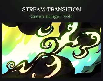 May include: A green, yellow, and black abstract design with swirling lines and shapes. The text "STREAM TRANSITION Green Stinger Vol.1" is at the top of the image. The text "Comes in WebM format with default, low, and no sound options for OBS and Streamlabs OBS." is at the bottom of the image.