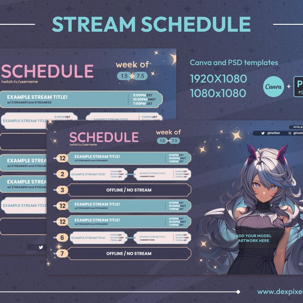 Glowing Stars Stream Spielplan | Vtuber Spielplan | Einfacher Wochenplan für Luftschlangen | Süße Pastellfarben | Canva und PSD inklusive