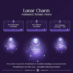 Purple Blue Lunar Charm Celestial Animated Stream Alerts | x20 Animated Alerts + Sound | Twitch Stream Alerts Streamlabs and StreamElements
