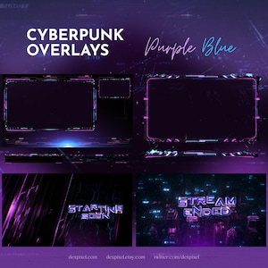 Cyberpunk lila blau animierte Stream Szenen. Glitch Futuristische Neon Animierte Overlays. Glitch Sci Fi Twitch Neon Szenen Overlay