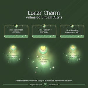 Grün Lunar Charm Celestial Animated Stream Alarme | x20 Animierte Warnungen + Ton | Twitch Livestream bezieht sich auf Streamlabs und StreamElements