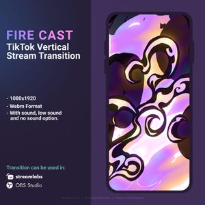 Puede incluir: Una pantalla de teléfono que muestra un efecto de transición de video vertical con un diseño abstracto morado, negro y blanco. El texto "FIRE CAST" y "TikTok Vertical Stream Transition" se muestra en la pantalla. El texto "1080x1920", "Webm Format", "Con sonido, sonido bajo y opción sin sonido" también se muestra en la pantalla.