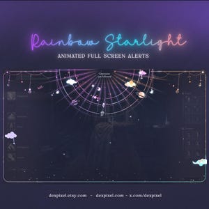 Peut inclure: Une superposition d'alerte d'écran animée colorée avec un thème arc-en-ciel et étoiles. La superposition présente un cercle lumineux avec une lune croissante, des étoiles et des planètes. Le texte "Rainbow Starlight" est affiché en haut de la superposition.