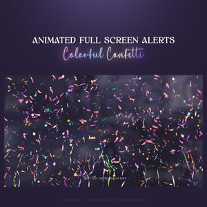May include: Animated full screen alert with colorful confetti falling on a dark background. The text "Alert text can be placed here" is visible at the bottom of the image.