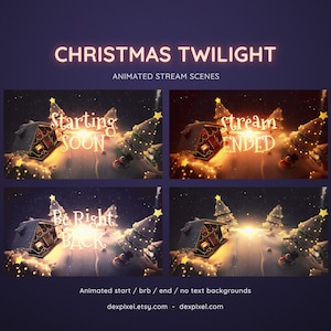 Peut inclure: Scènes animées de flux de Noël au crépuscule. L'image présente quatre scènes animées avec des superpositions de texte : "Starting Soon", "Stream Ended" et "Be Right Back". Chaque scène comprend une maison, des sapins et un paysage enneigé.