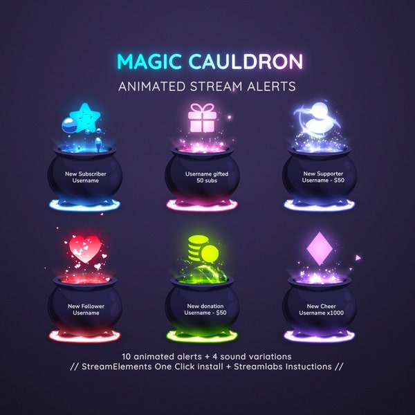 Magic Cauldron Witch Animated Stream Alerts  | x10 Animated Alerts With Sound | Vtuber Twitch Stream Alerts Magic Potion Alert