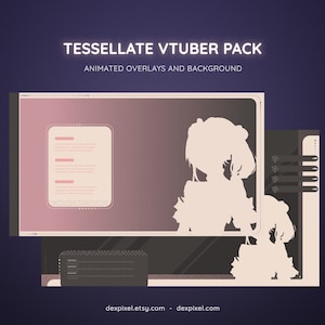 May include: A digital illustration of a pink and brown animated overlay pack for Vtubers. The pack includes a background, a chat box, and a profile panel. The text "TESSELATE VTUBER PACK" is at the top of the image. The text "ANIMATED OVERLAYS AND BACKGROUND" is below the title. The text "dexpixel.etsy.com - dexpixel.com" is at the bottom of the image.