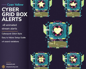 Sci Fi Cyber Grid Yellow Blue Twitch Alerts Pack – Animated Neon Glitch Stream Alerts