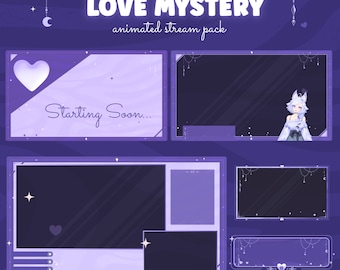 May include: Purple and white animated stream pack with a heart, stars, and text that says "LOVE MYSTERY animated stream pack" and "Starting Soon..."