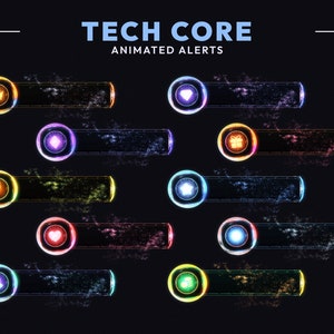 May include: Ten animated alert bars with different coloured icons and glowing effects. The icons include a crown, diamond, heart, gift, star, lightning bolt, spade, clover, and two other icons. The text "TECH CORE ANIMATED ALERTS" is at the top of the image.