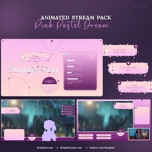 May include: Animated stream pack for Twitch or YouTube with a pink and purple pastel color scheme. The pack includes a starting soon screen, a new follower alert, a new donation alert, and a subscriber alert. The text on the alerts says "New Donation Natali - $4.4", "New Follower Natali", and "Natali Subscribed for 7 Months".