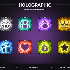 Colorful Holographic Glitch Animated Twitch Stream Alerts. Twitch stream alerts, stream notifications for subscriber, donation or follow.