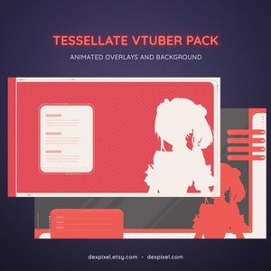May include: Animated overlays and background for a virtual YouTuber. The design features a red and white geometric pattern with a silhouette of a person in the center. The text "Tessellate VTuber Pack" is at the top of the image.