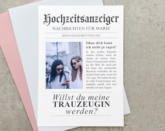 Zeitungsanzeige Fotokarte Trauzeugin fragen mit Herz Armband, Willst du meine Trauzeugin sein personalisiert mit Name, Antrag Brautjungfer