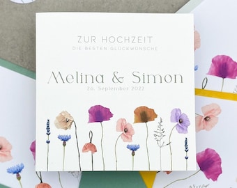 Personalisierte Karte zur Hochzeit mit Namen und Datum, Große Quadratische Karte mit Geldgeschenk zur Hochzeit, Glückwunschkarte Wildblumen