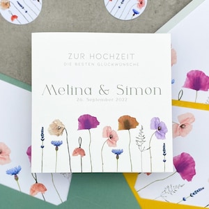 Personalisierte Karte zur Hochzeit mit Namen und Datum, Große Quadratische Karte mit Geldgeschenk zur Hochzeit, Glückwunschkarte Wildblumen