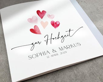 Personalisierte Hochzeitskarte rote Herzen, Moderne Karte zur Hochzeit mit Namen und Datum, Große Quadratische Glückwunschkarte zur Trauung