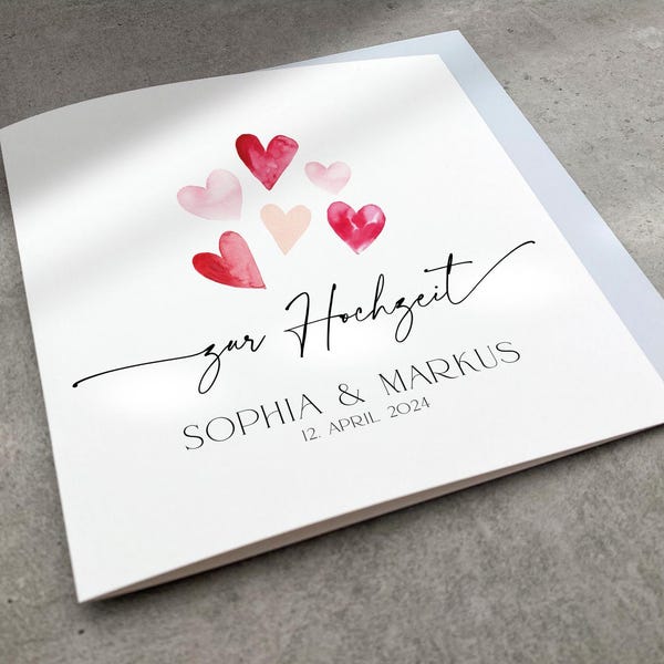 Personalisierte Hochzeitskarte rote Herzen, Moderne Karte zur Hochzeit mit Namen und Datum, Große Quadratische Glückwunschkarte zur Trauung