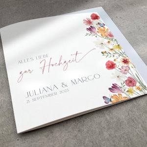Personalisierte Blumen Karte zur Hochzeit mit Namen und Datum, Große Quadratische Hochzeitskarte mit Wildblumen, Glückwunschkarte Trauung