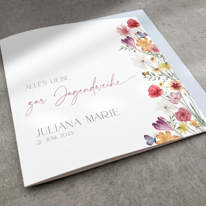 Personalisierte Blumen Karte zur Jugendweihe mit Namen und Datum, Glückwunschkarte Alles Liebe zur Jugendweihe Wildblumen und Schmetterlinge