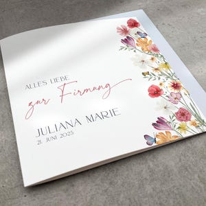 Firmungskarte Blumen personalisiert mit Name, Moderne Wildblumen Karte zur Firmung, Quadratische Glückwunschkarte Schmetterlinge