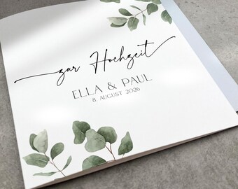 Personalized wedding card with eucalyptus, wedding card with names and date in sage green, large square wedding congratulations card