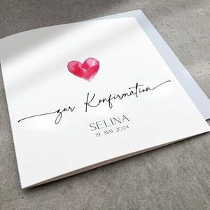 Personalisierte Karte zur Konfirmation mit Namen und Datum, Große Quadratische Konfirmationskarte mit Aquarell Herz, Glückwunschkarte Kirche