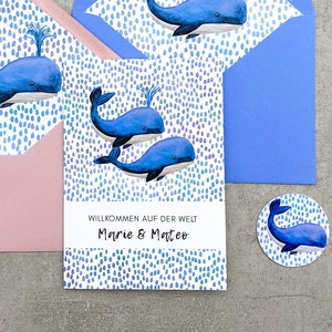 Zwillinge Glückwunschkarte Geburt mit Aquarell Walen für Jungen und Mädchen, Karte zur Geburt personalisiert mit Name und Geburtsdatum