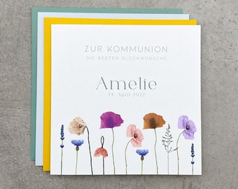 Große Glückwunschkarte zur Kommunion personalisiert, Karte Geldgeschenk Kommunion, Quadratische Kommunionskarte für Mädchen mit Wildblumen