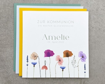 Große Glückwunschkarte zur Kommunion personalisiert, Karte Geldgeschenk Kommunion, Quadratische Kommunionskarte für Mädchen mit Wildblumen