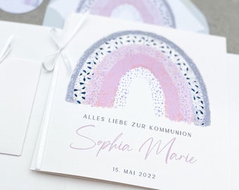 Große Glückwunschkarte Kommunion personalisiert, Karte Geldgeschenk zur Kommunion, Quadratische Kommunionskarte Mädchen Regenbogen rosa-grau