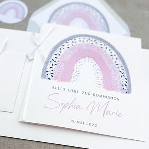 Große Glückwunschkarte Kommunion personalisiert, Karte Geldgeschenk zur Kommunion, Quadratische Kommunionskarte Mädchen Regenbogen rosa-grau