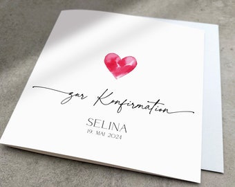 Personalized confirmation card with name and date, large square confirmation card with watercolor heart, church congratulations card